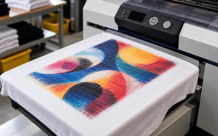 เสื้อขาวบนถาดเครื่องพิมพ์ DTG ภาพพิมพ์มีเส้นขวางและเป็นเม็ด ปัญหาที่พบใน Epson F2100