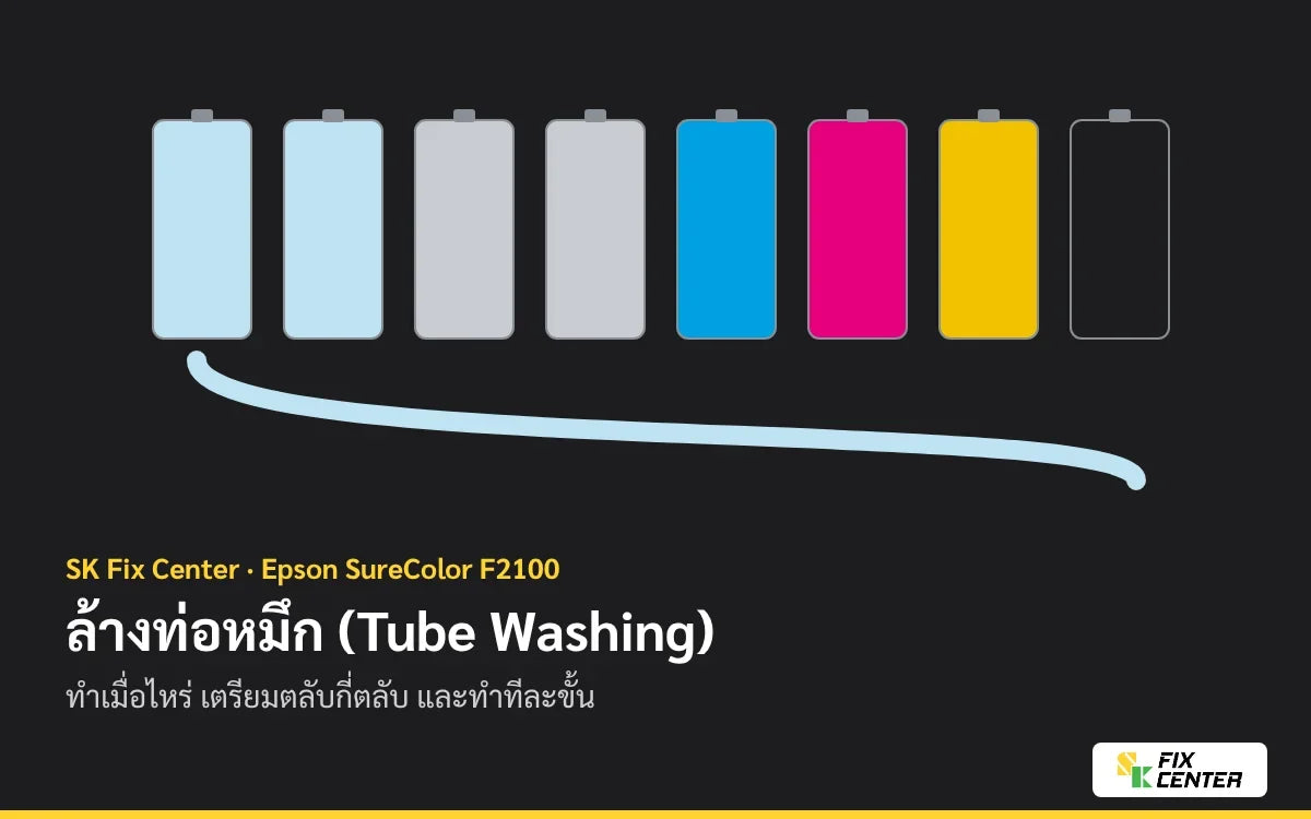 ภาพประกอบ ตลับน้ำยาล้างและตลับหมึก Epson F2100 กับท่อหมึก สำหรับคู่มือล้างท่อหมึก